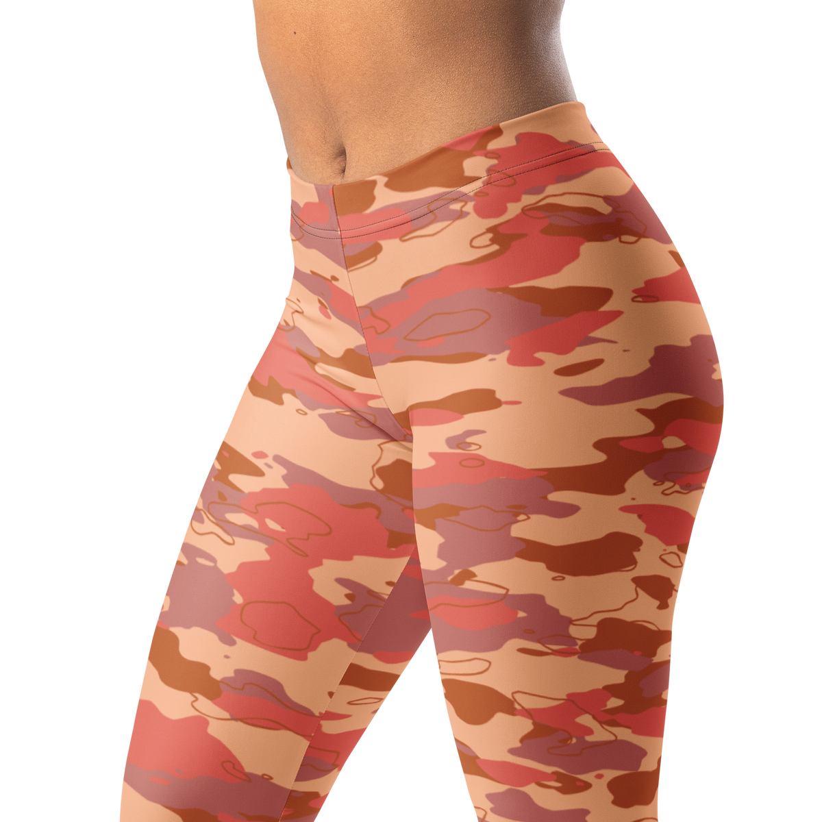 Marsho Warm Sunset camouflage mid-rise comfort leggings, waistband and pattern detail.