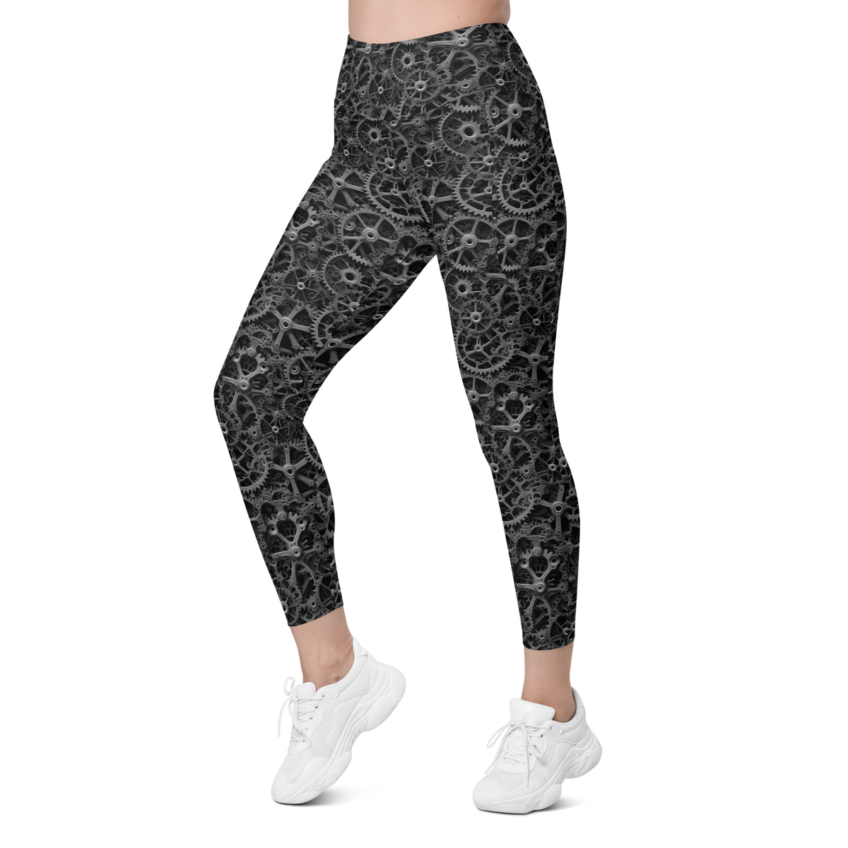 Mechlace Greyscale high-waisted pocket leggings, left-front view.