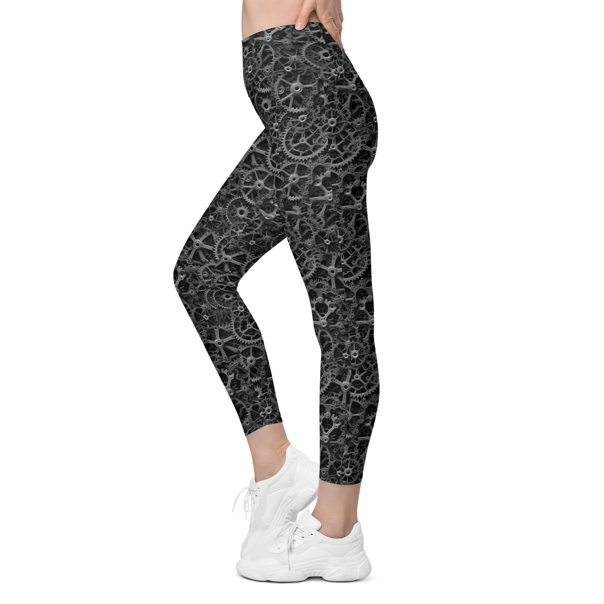Mechlace Greyscale high-waisted pocket leggings, movement view.