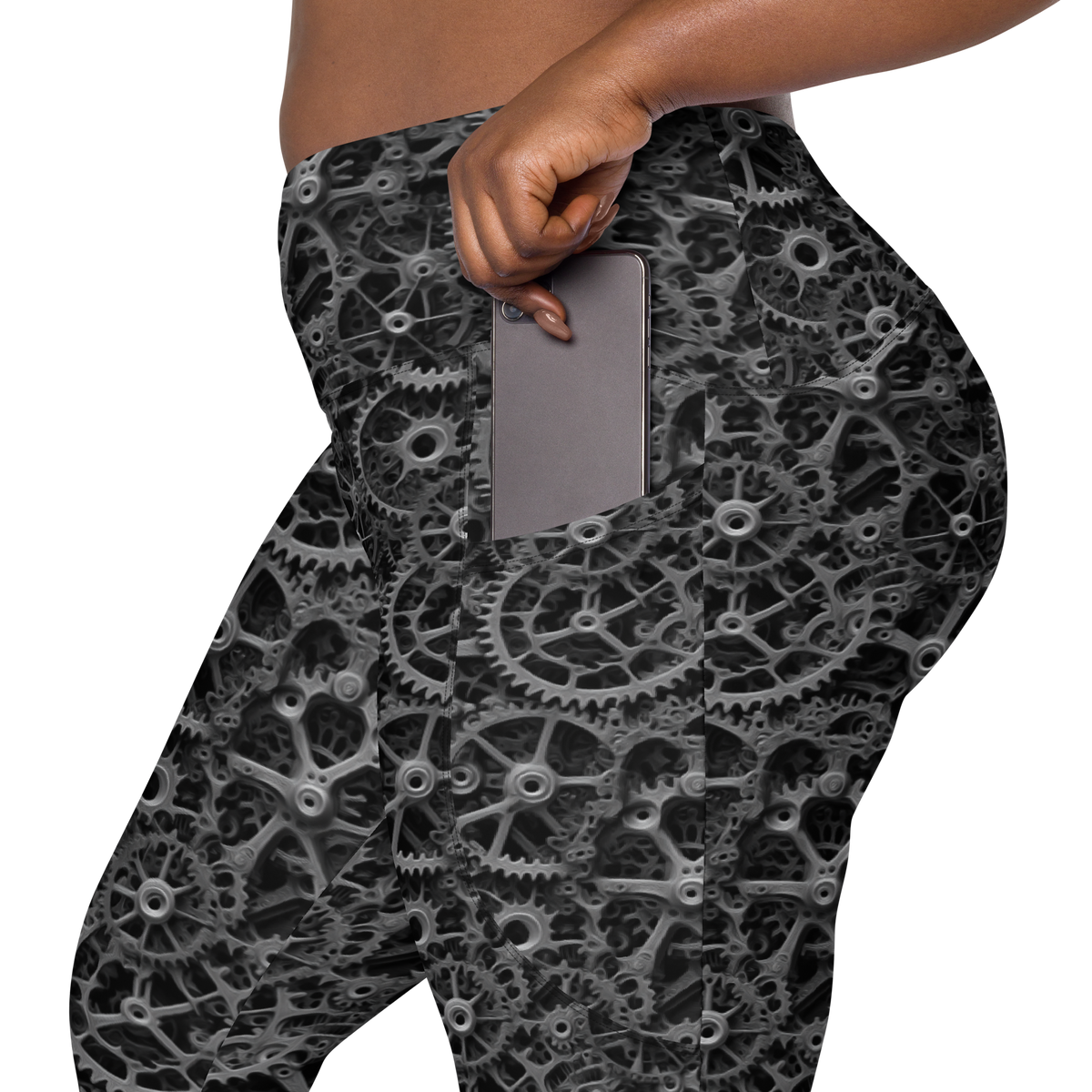Mechlace Greyscale high-waisted pocket leggings, rear pocket detail.