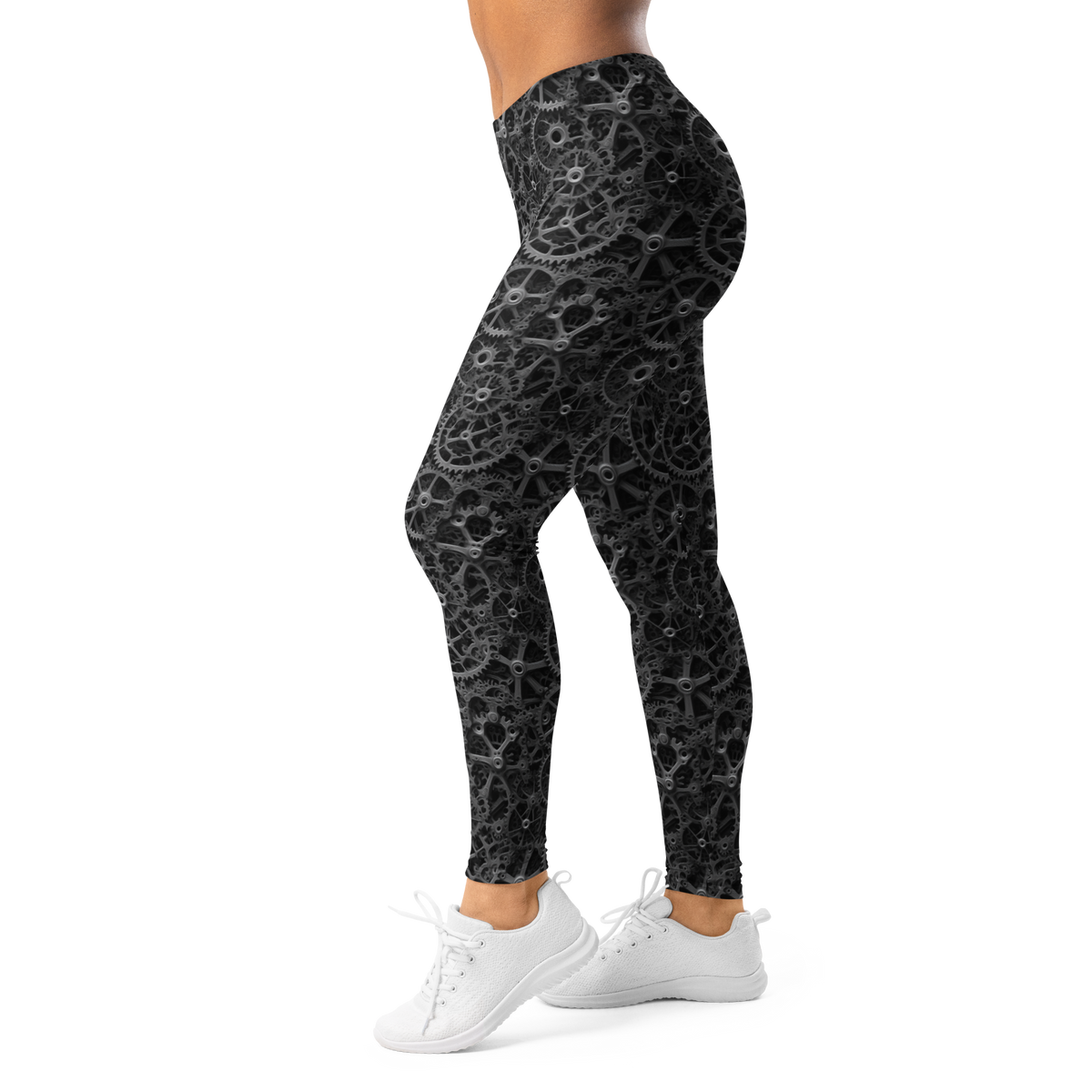 Mechlace Greyscale mid-rise comfort leggings, left-side view.