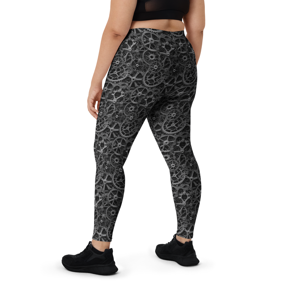 Mechlace Greyscale mid-rise comfort leggings, oversize-fit back view.