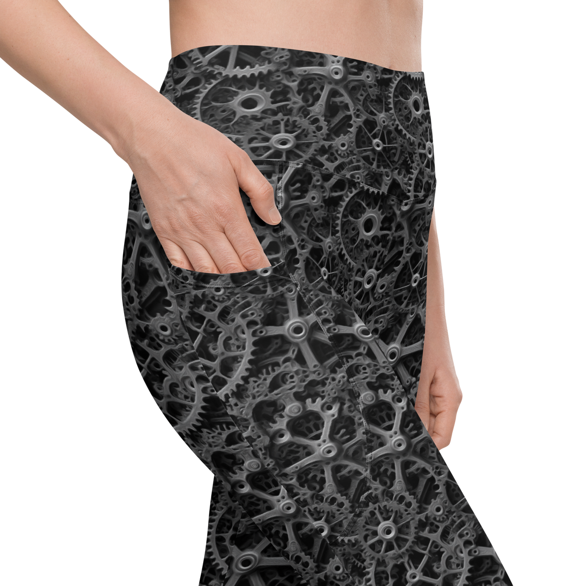 Mechlace · Greyscale high-waisted pocket leggings, pocket detail.