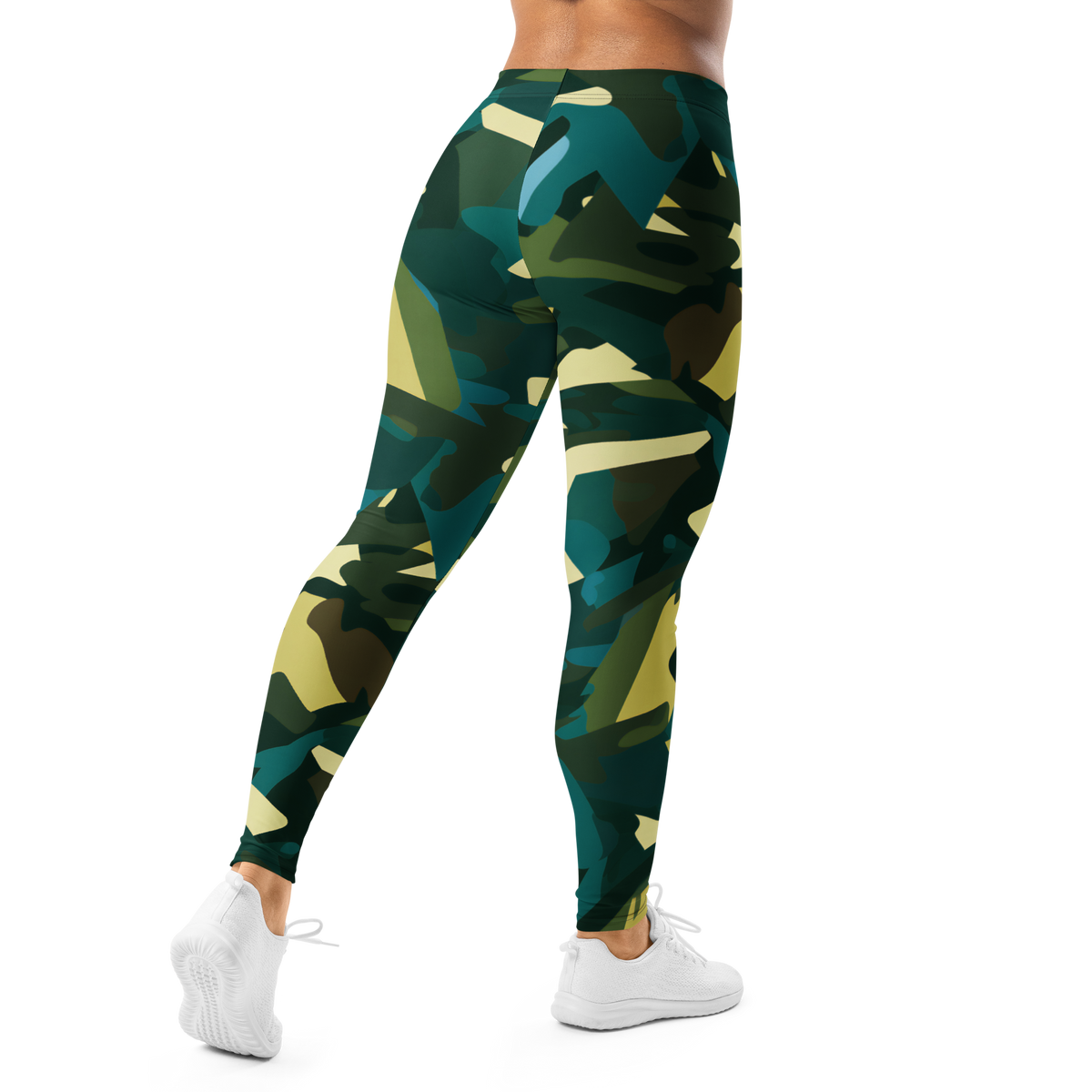 Mica Botanical Voltage camouflage mid-rise comfort leggings, back view.