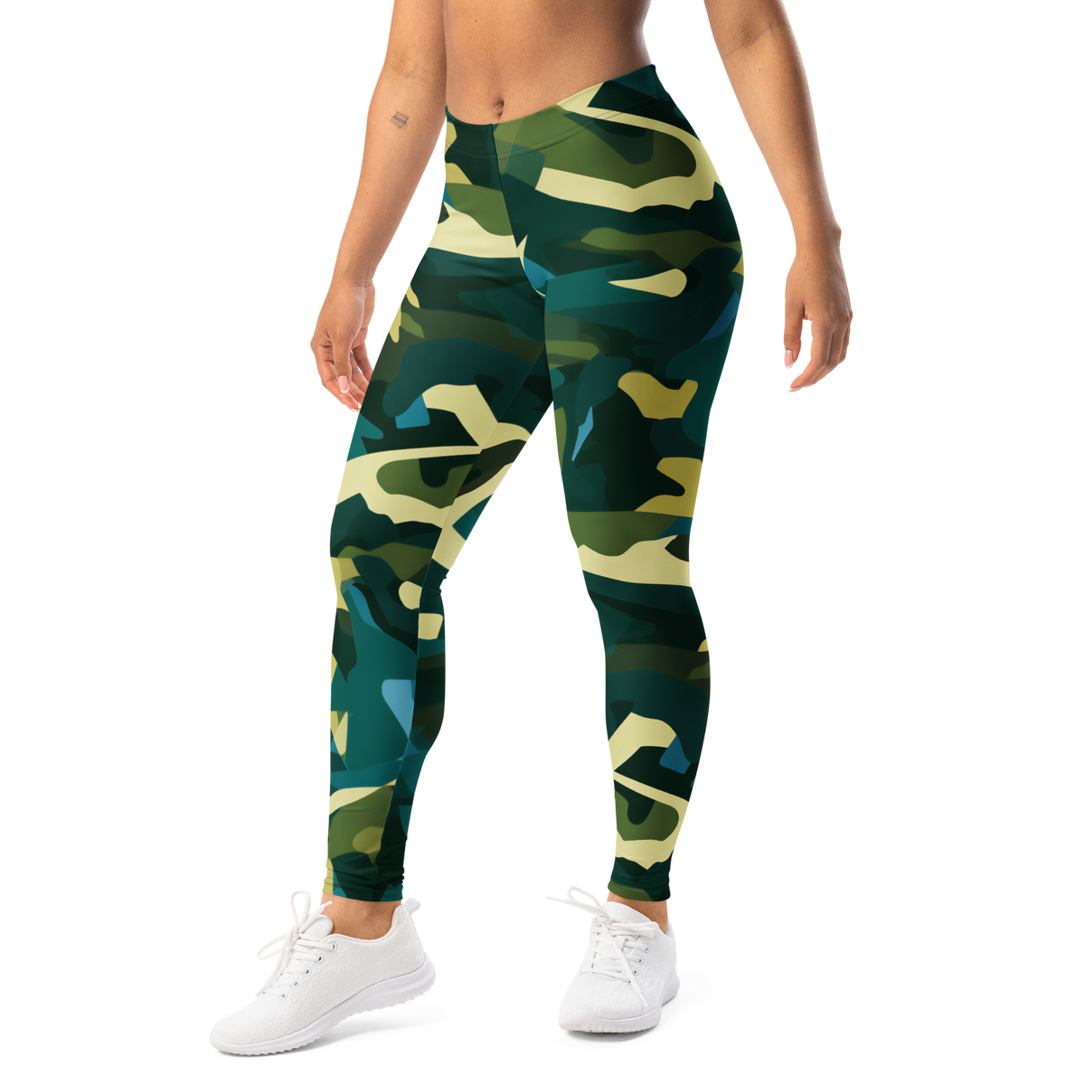 Mica Botanical Voltage camouflage mid-rise comfort leggings, left-front view.