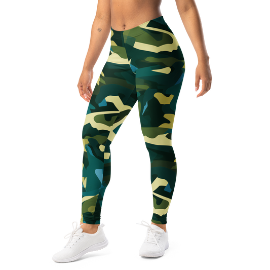 Mica Botanical Voltage camouflage mid-rise comfort leggings, left-front view.