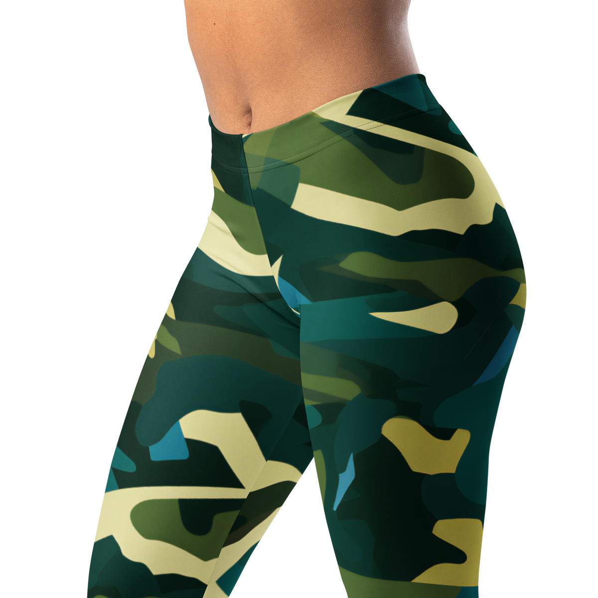 Mica Botanical Voltage camouflage mid-rise comfort leggings, waistband and pattern detail.