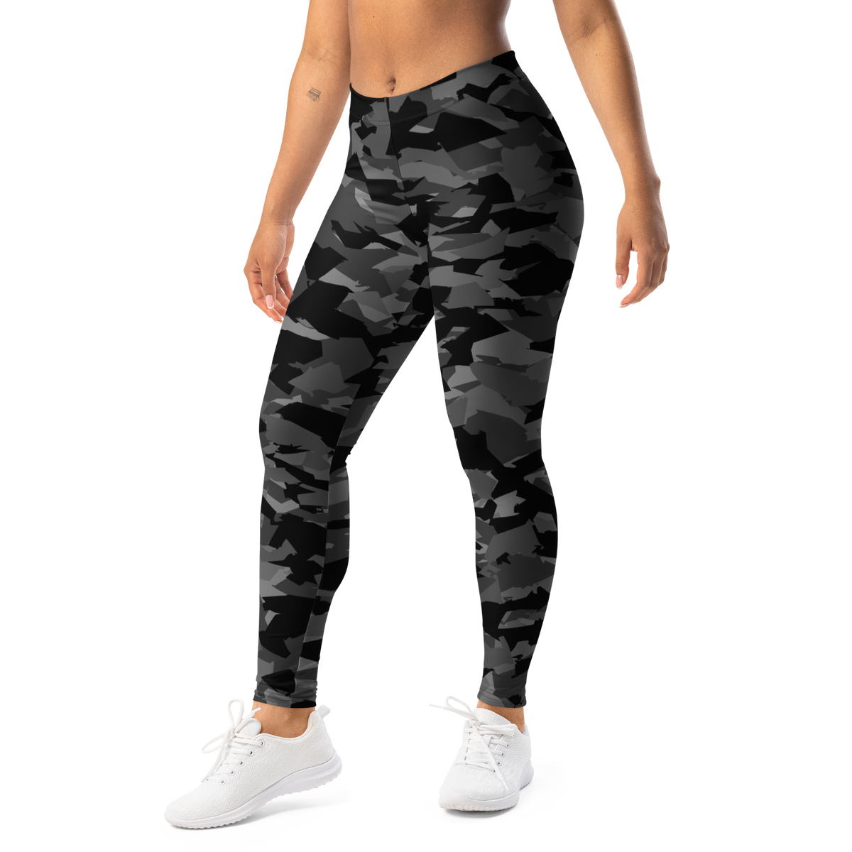 Mica Greyscale 1 camouflage mid-rise comfort leggings, left-front view.
