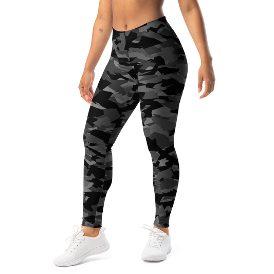 Mica Greyscale 1 camouflage mid-rise comfort leggings, left-front view.