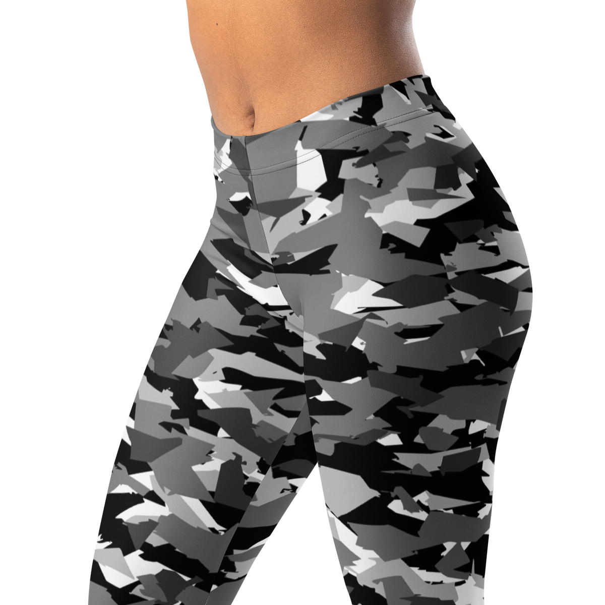 Mica Greyscale 5 comfort leggings, waistband and pattern detail.