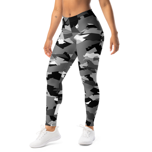Mica · Greyscale · 5 mid-rise everyday leggings, left-front view.