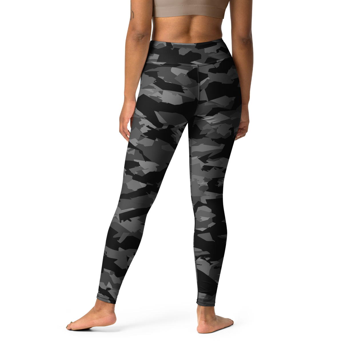 Mica Greyscale camouflage high-waisted yoga leggings, back view.