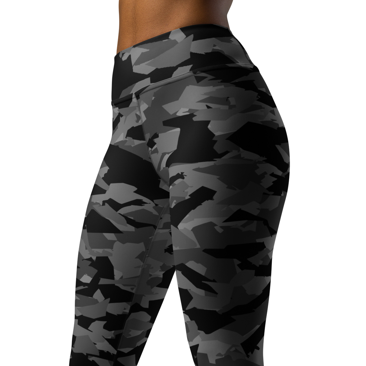 Mica Greyscale camouflage high-waisted yoga leggings, close pattern view.
