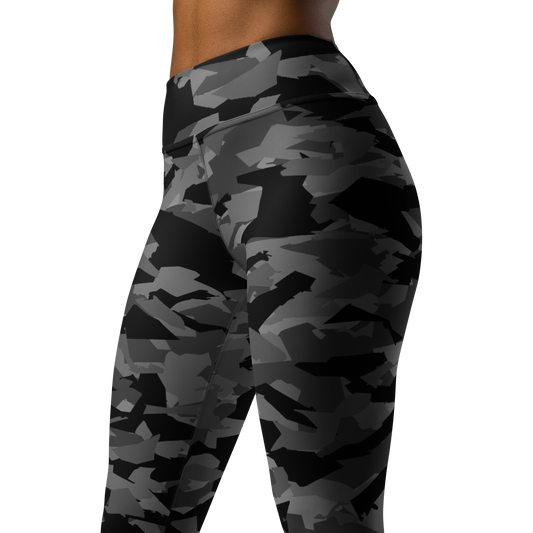 Mica Greyscale camouflage high-waisted yoga leggings, close pattern view.