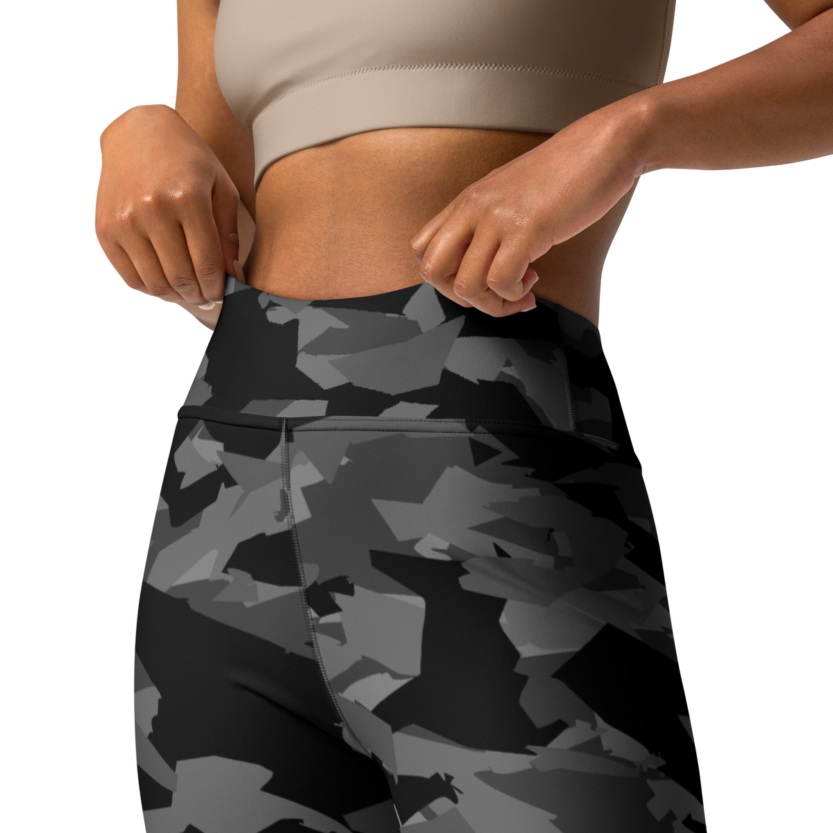 Mica Greyscale camouflage high-waisted yoga leggings, waistband and construction detail.