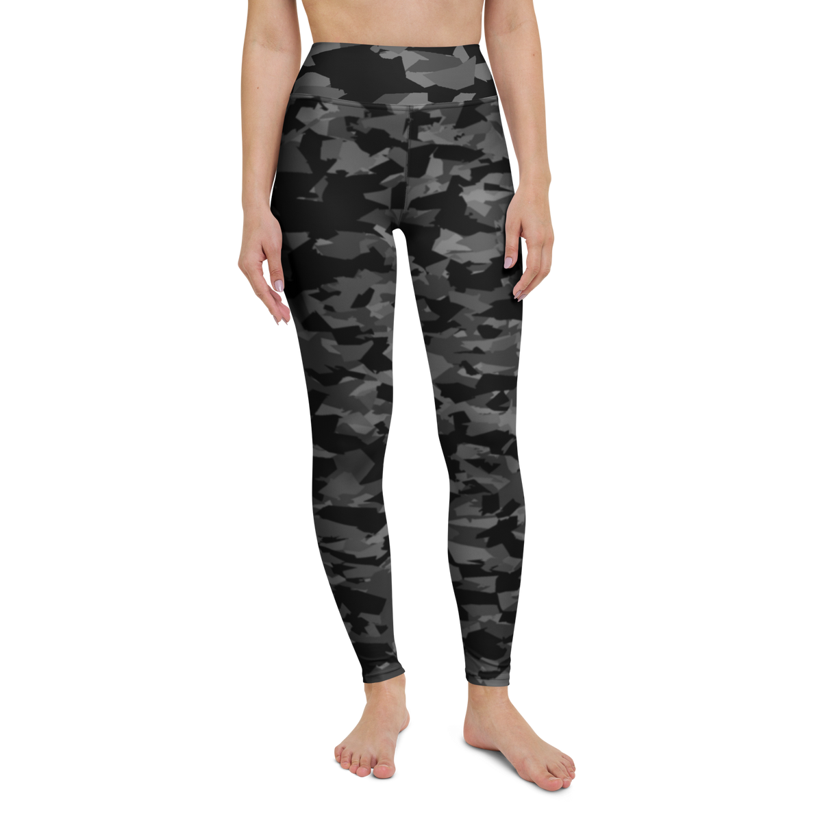 Mica · Greyscale high-waisted yoga leggings, straight front view, barefoot.