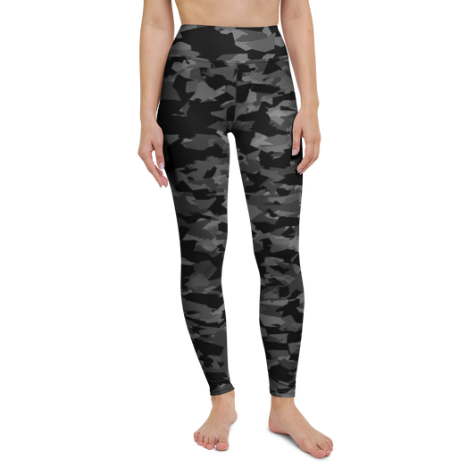 Mica · Greyscale high-waisted yoga leggings, straight front view, barefoot.