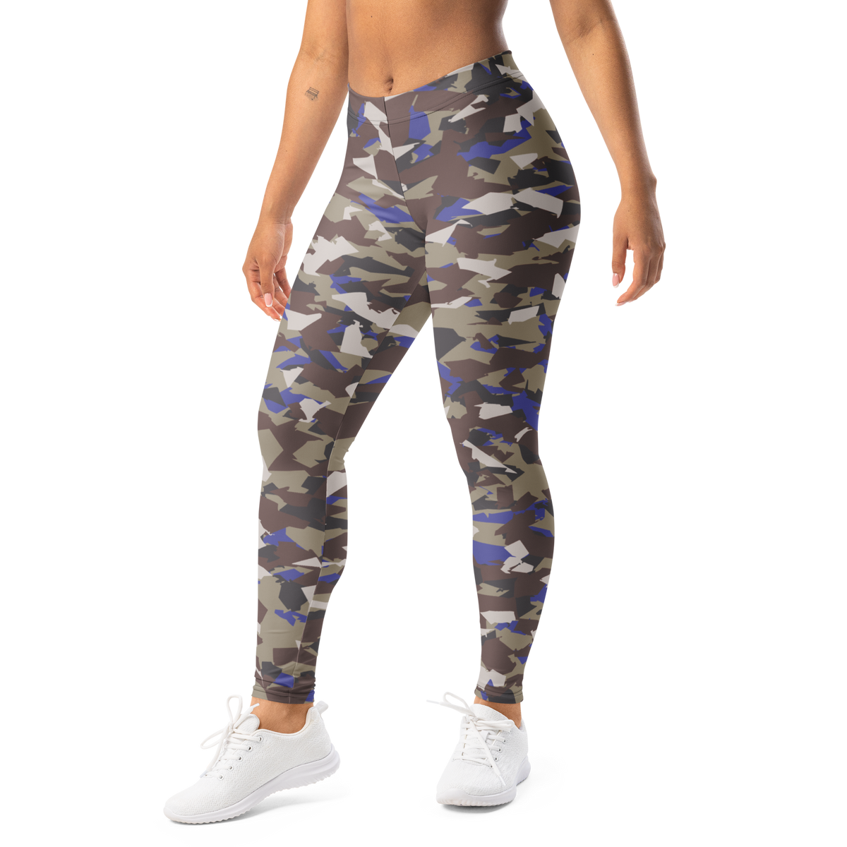 Mica Very Peri camouflage mid-rise comfort leggings, left-front view.
