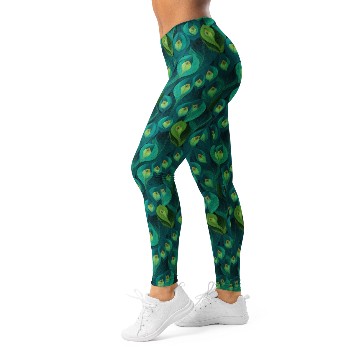 Peacoa Blue mid-rise comfort leggings, left-side view.