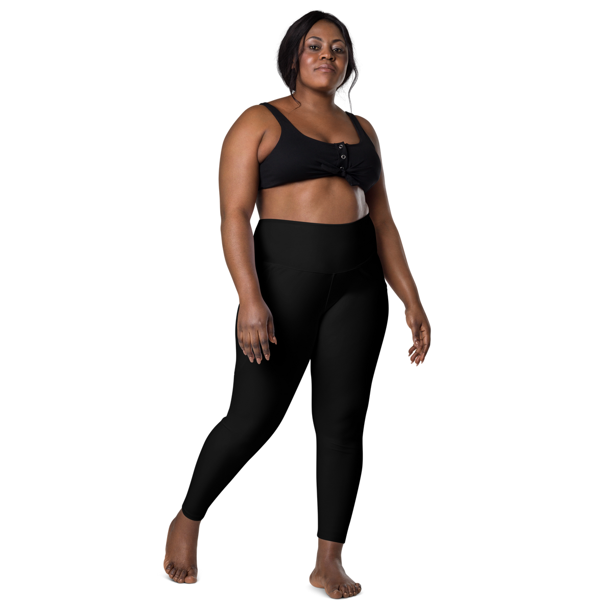 Plain Black high-waisted pocket leggings, larger-model front view.