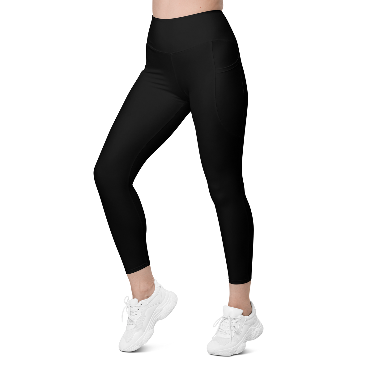 Plain Black high-waisted pocket leggings, left-front view.