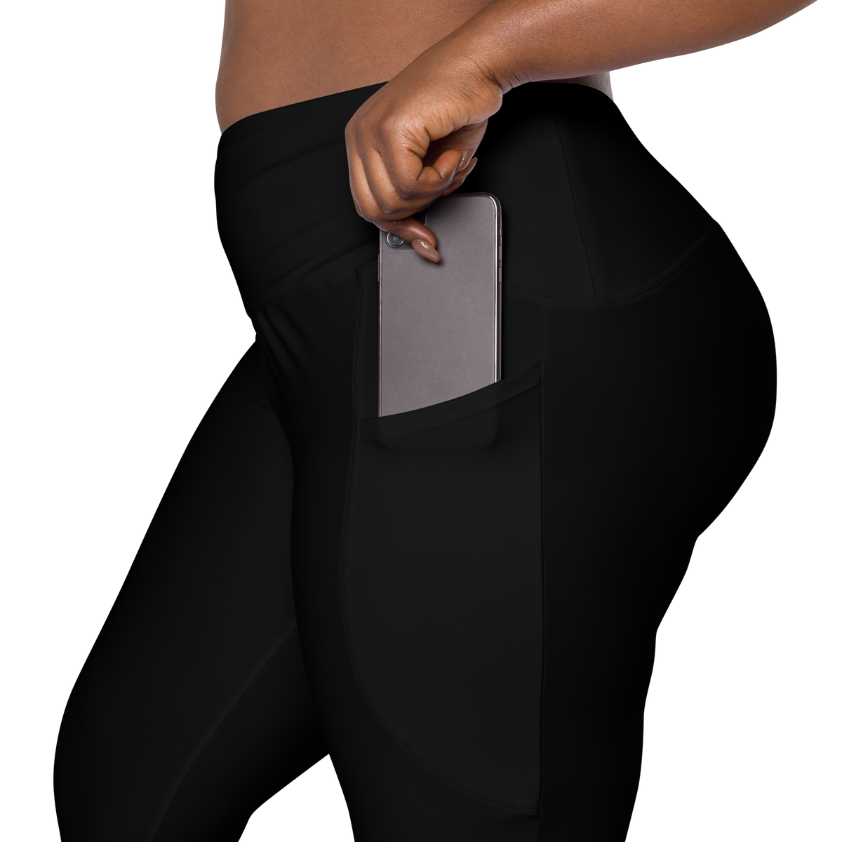 Plain Black high-waisted pocket leggings, rear pocket detail.