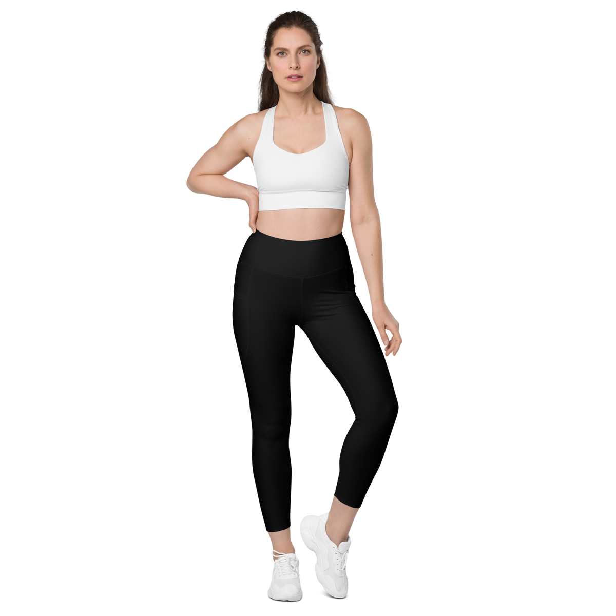 Plain Black high-waisted pocket leggings, straight-front view.