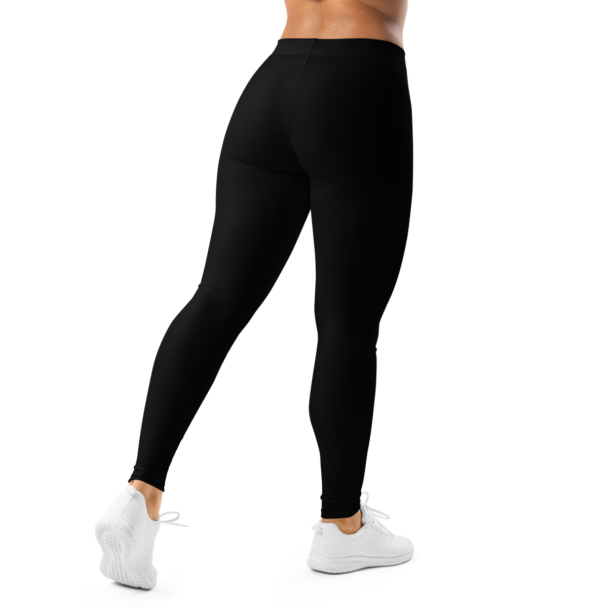 Plain Black mid-rise comfort leggings, back view.