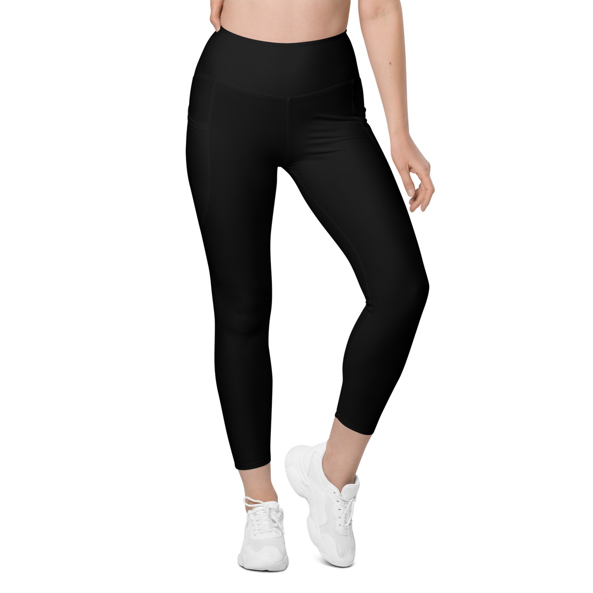 Plain · Black high-waisted pocket leggings, front view.
