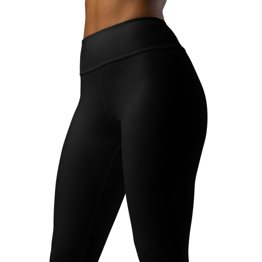 Plain · Black high-waisted yoga leggings, close three-quarter pattern view.