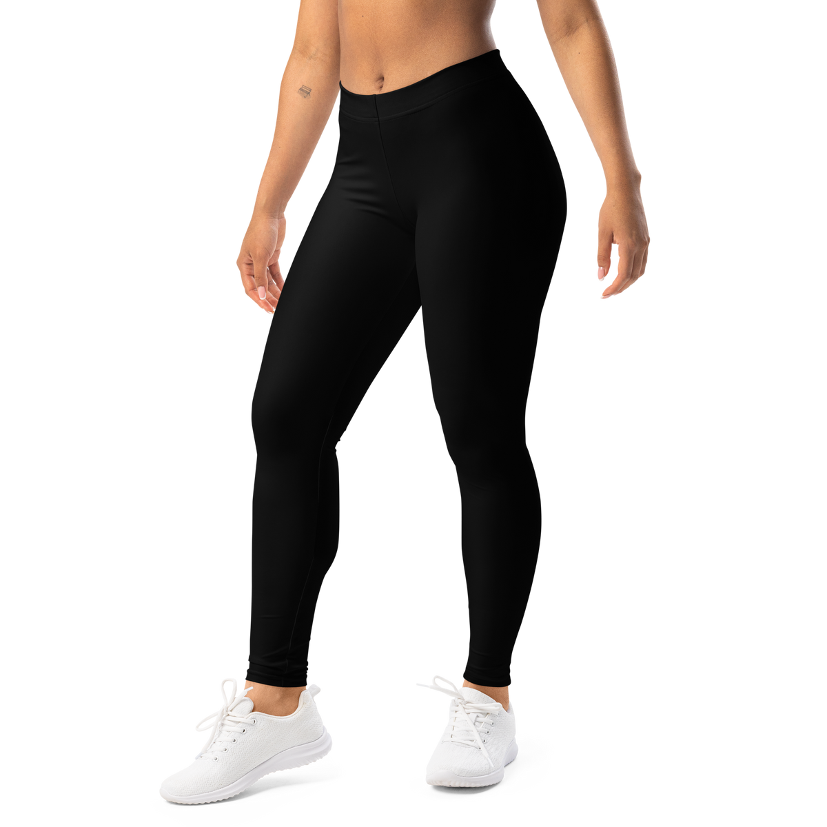 Plain · Black mid-rise everyday leggings, left-front view.