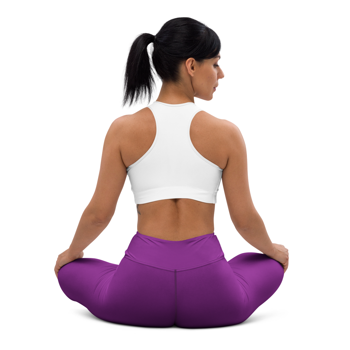 Plain Dahlia high-waisted yoga leggings, seated back view.