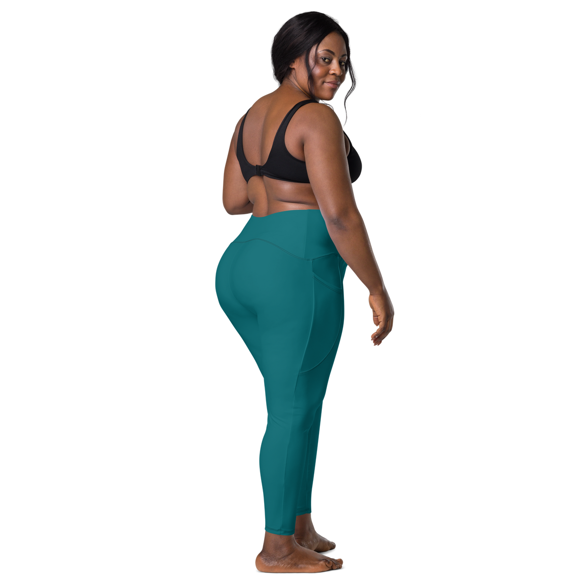 Plain Harbour Blue high-waisted pocket leggings, larger-model back view.