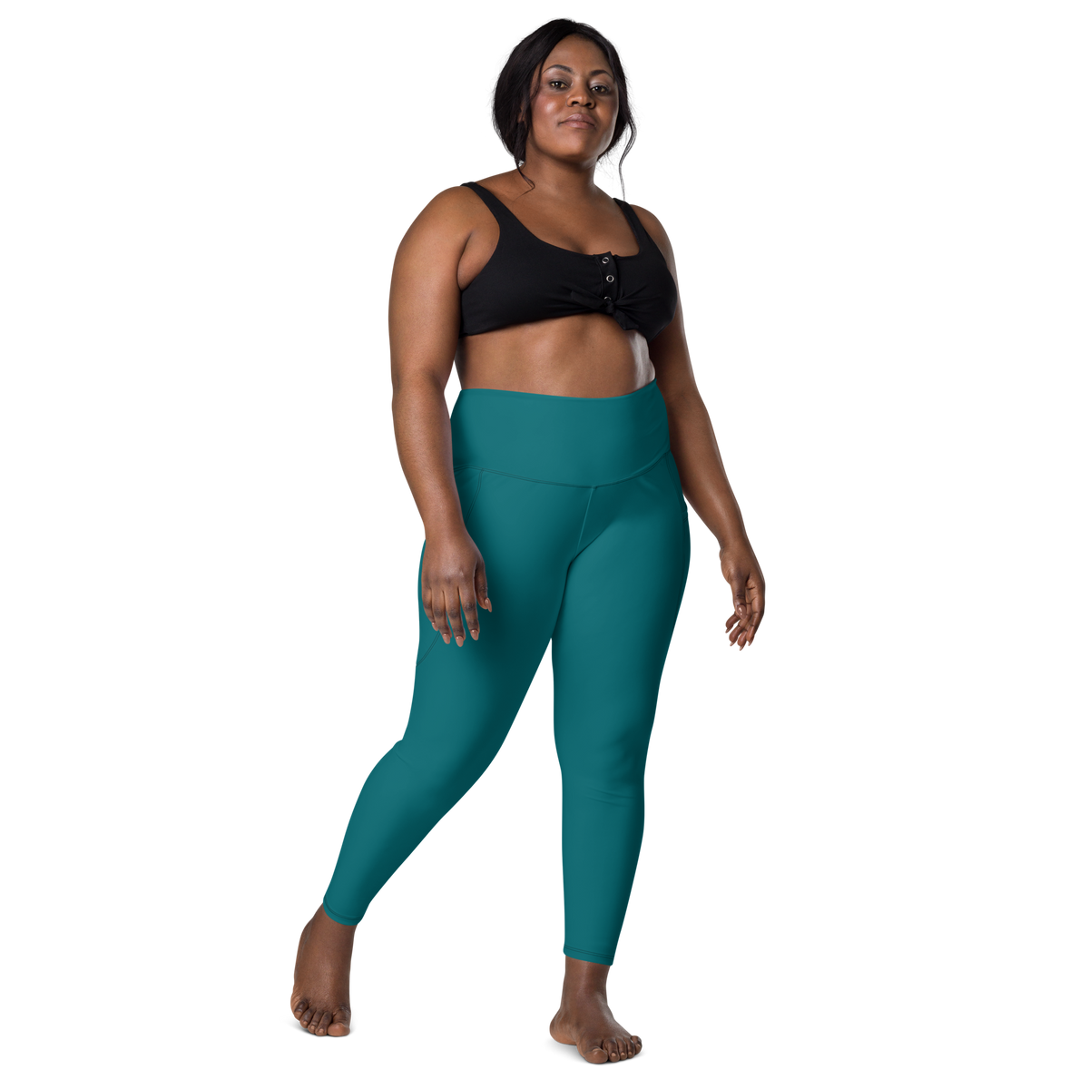 Plain Harbour Blue high-waisted pocket leggings, larger-model front view.