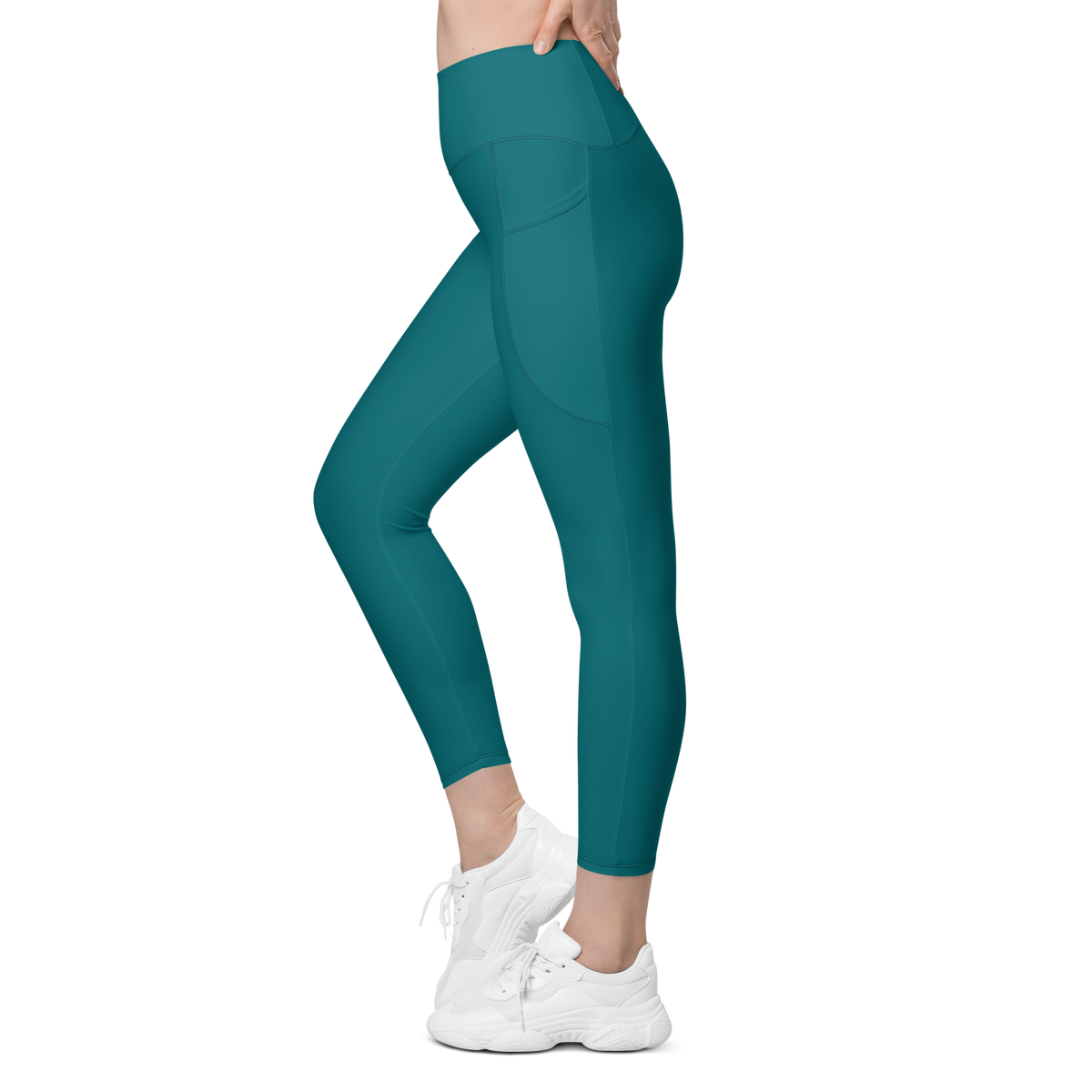 Plain Harbour Blue high-waisted pocket leggings, movement view.