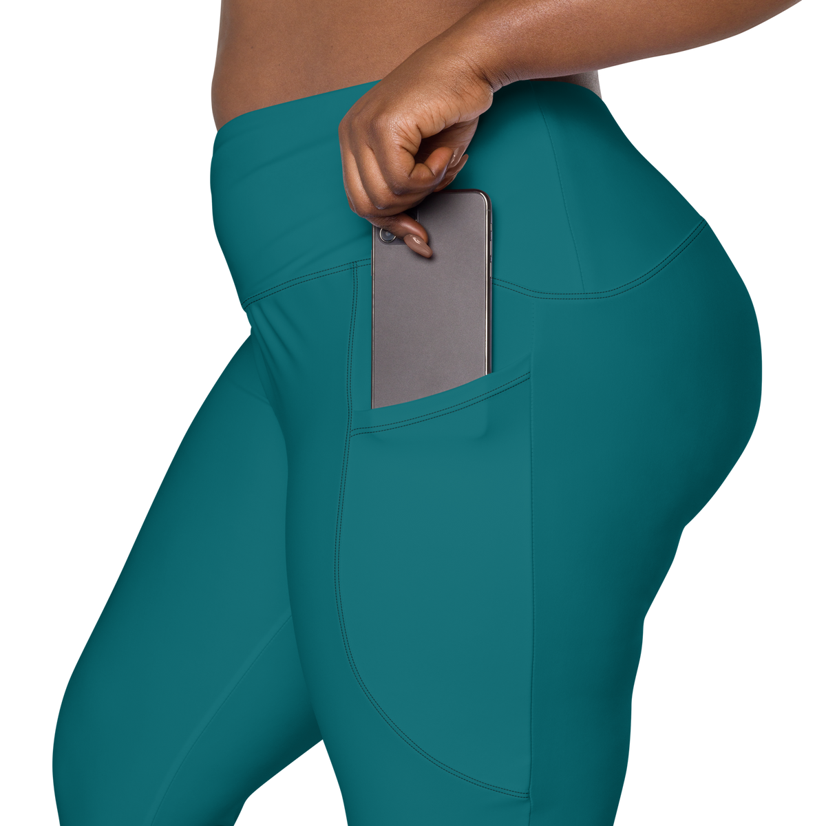 Plain Harbour Blue high-waisted pocket leggings, rear pocket detail.