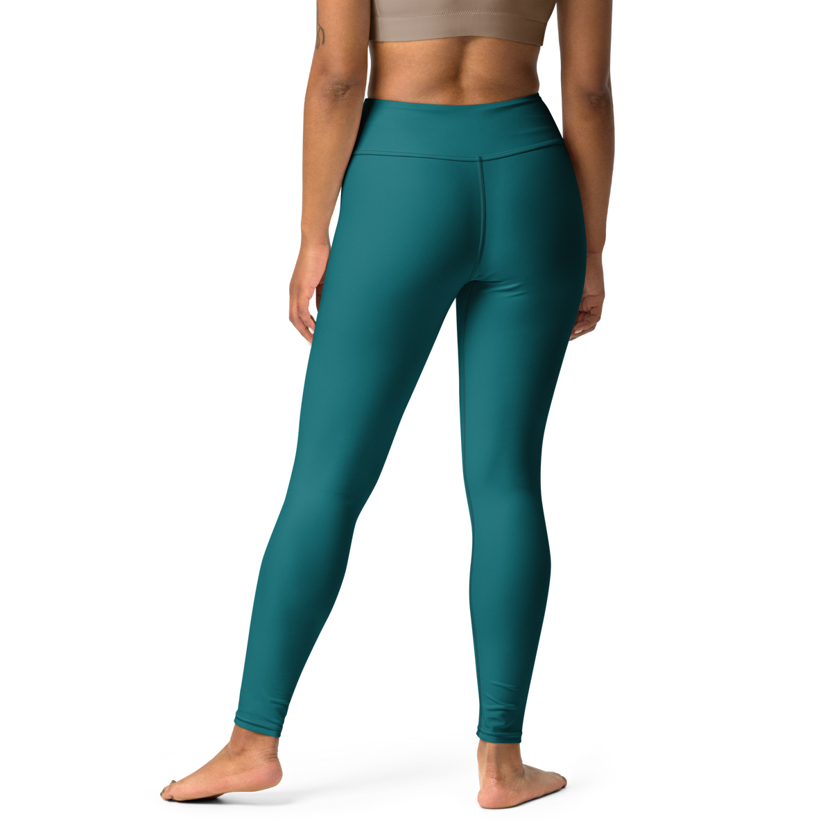 Plain Harbour Blue high-waisted yoga leggings, back view.