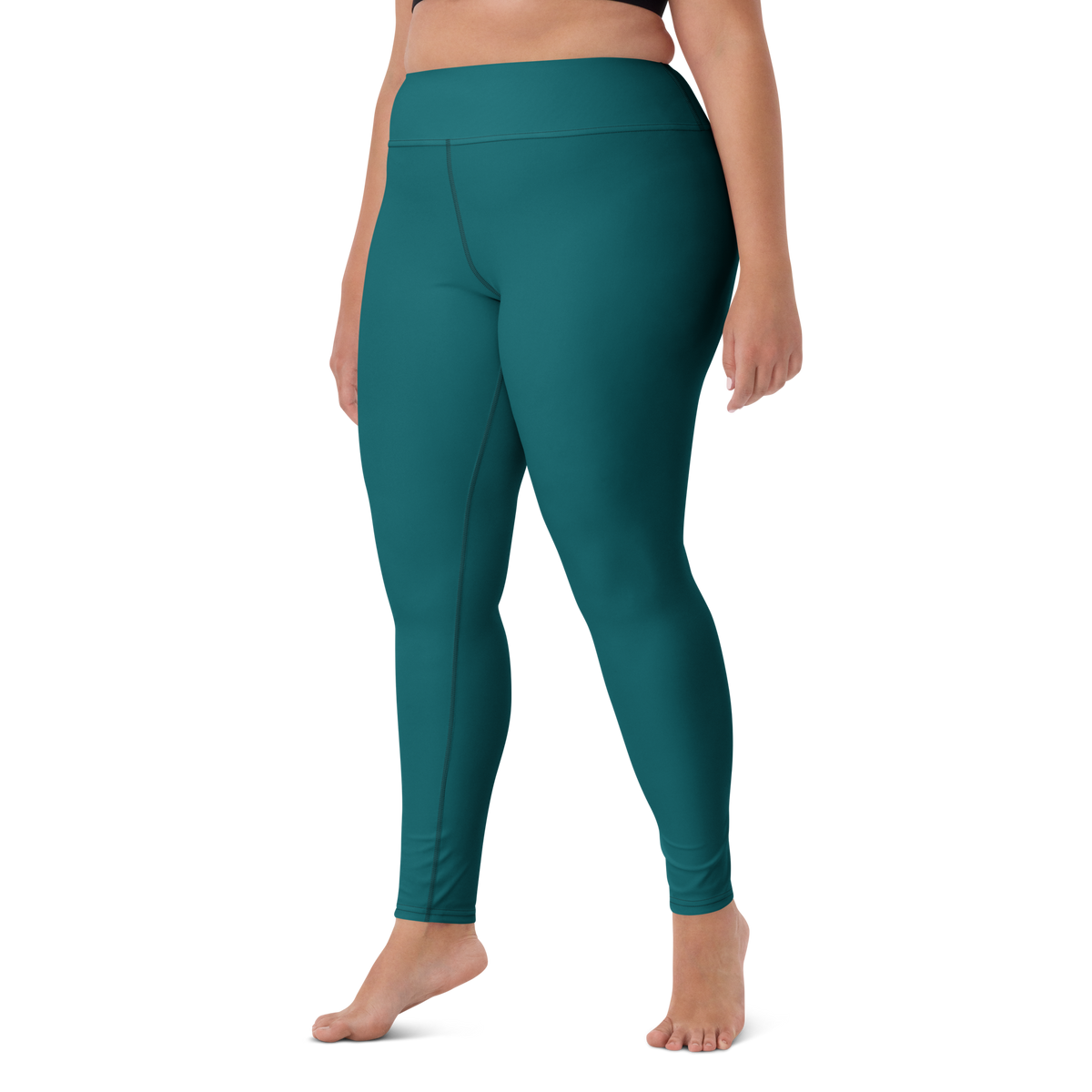 Plain Harbour Blue high-waisted yoga leggings, larger-model left-front view.