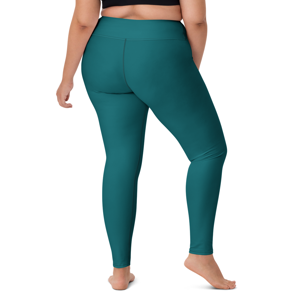 Plain Harbour Blue high-waisted yoga leggings, larger-model right-back view.