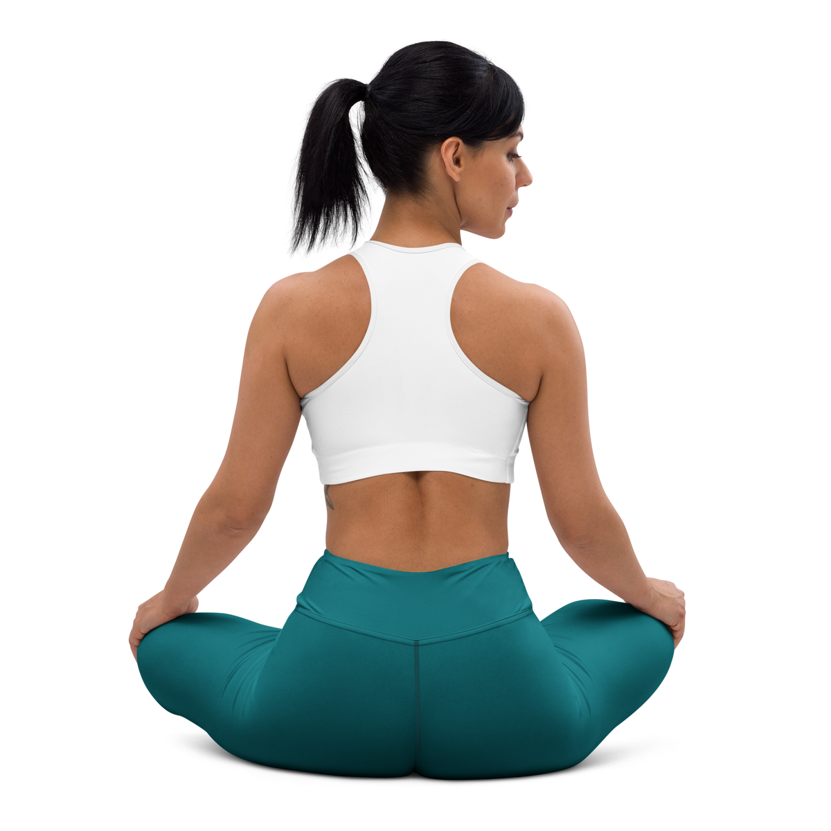 Plain Harbour Blue high-waisted yoga leggings, seated back view.