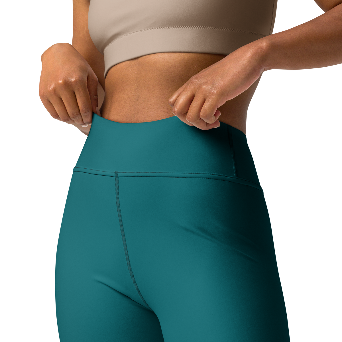 Plain Harbour Blue high-waisted yoga leggings, waistband and construction detail.
