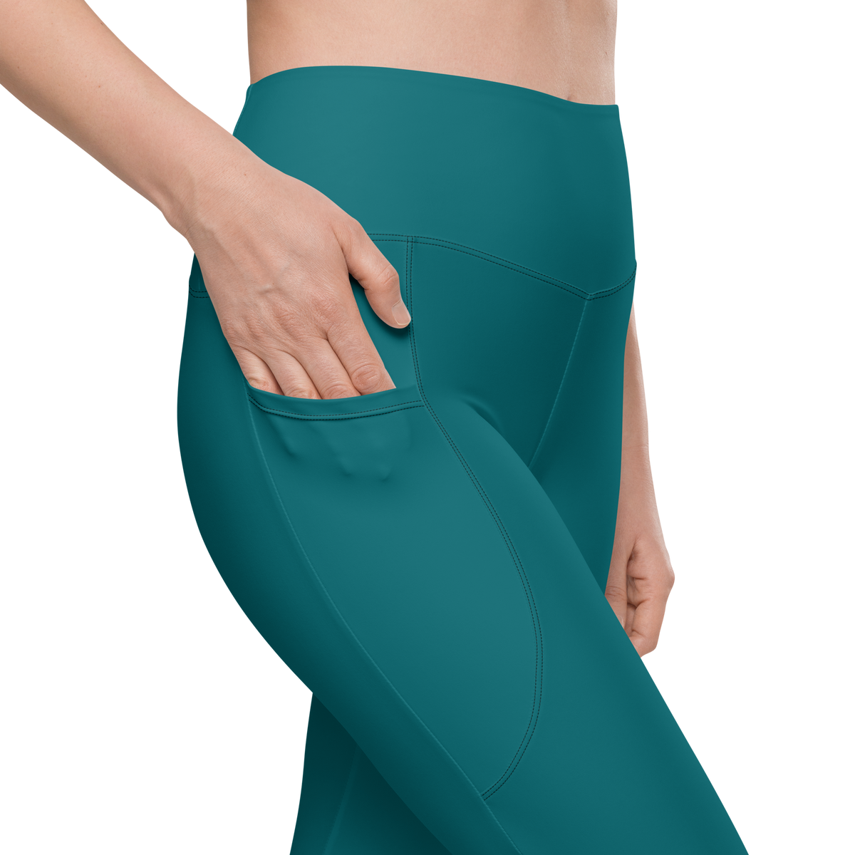 Plain · Harbour Blue high-waisted pocket leggings, pocket detail.