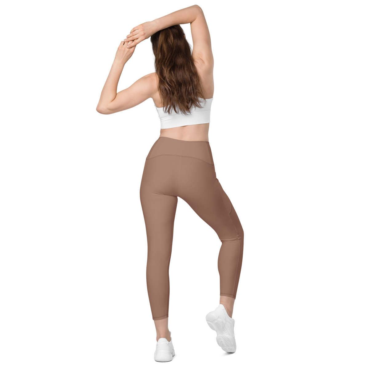 Plain Mocha Mousse high-waisted pocket leggings, back view.