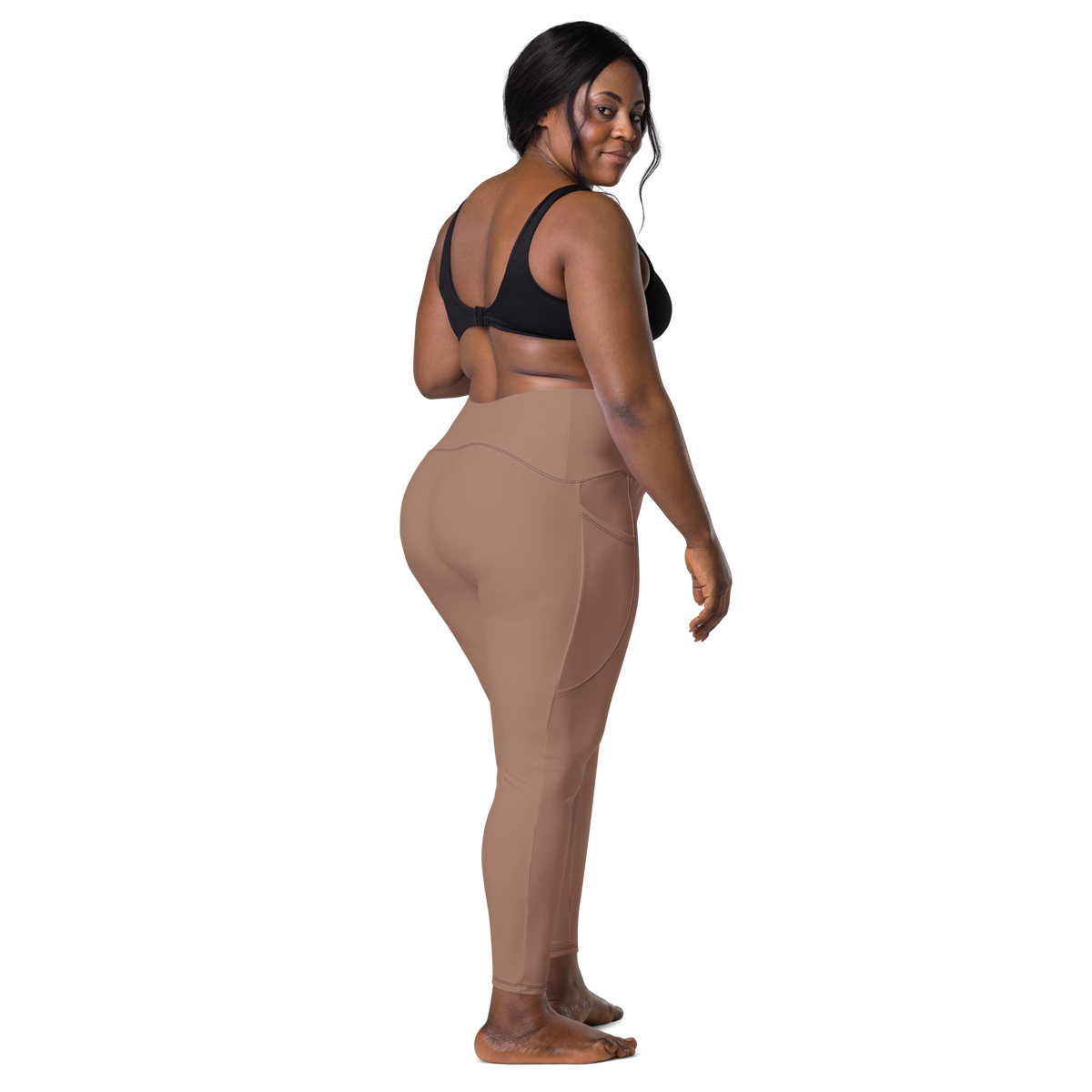 Plain Mocha Mousse high-waisted pocket leggings, larger-model back view.