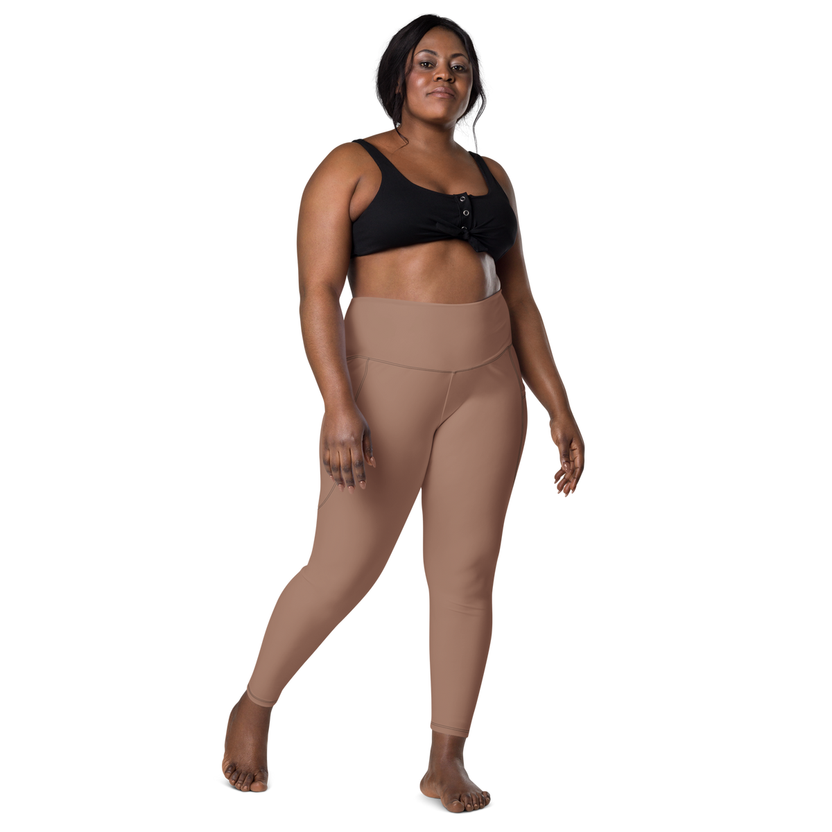 Plain Mocha Mousse high-waisted pocket leggings, larger-model front view.