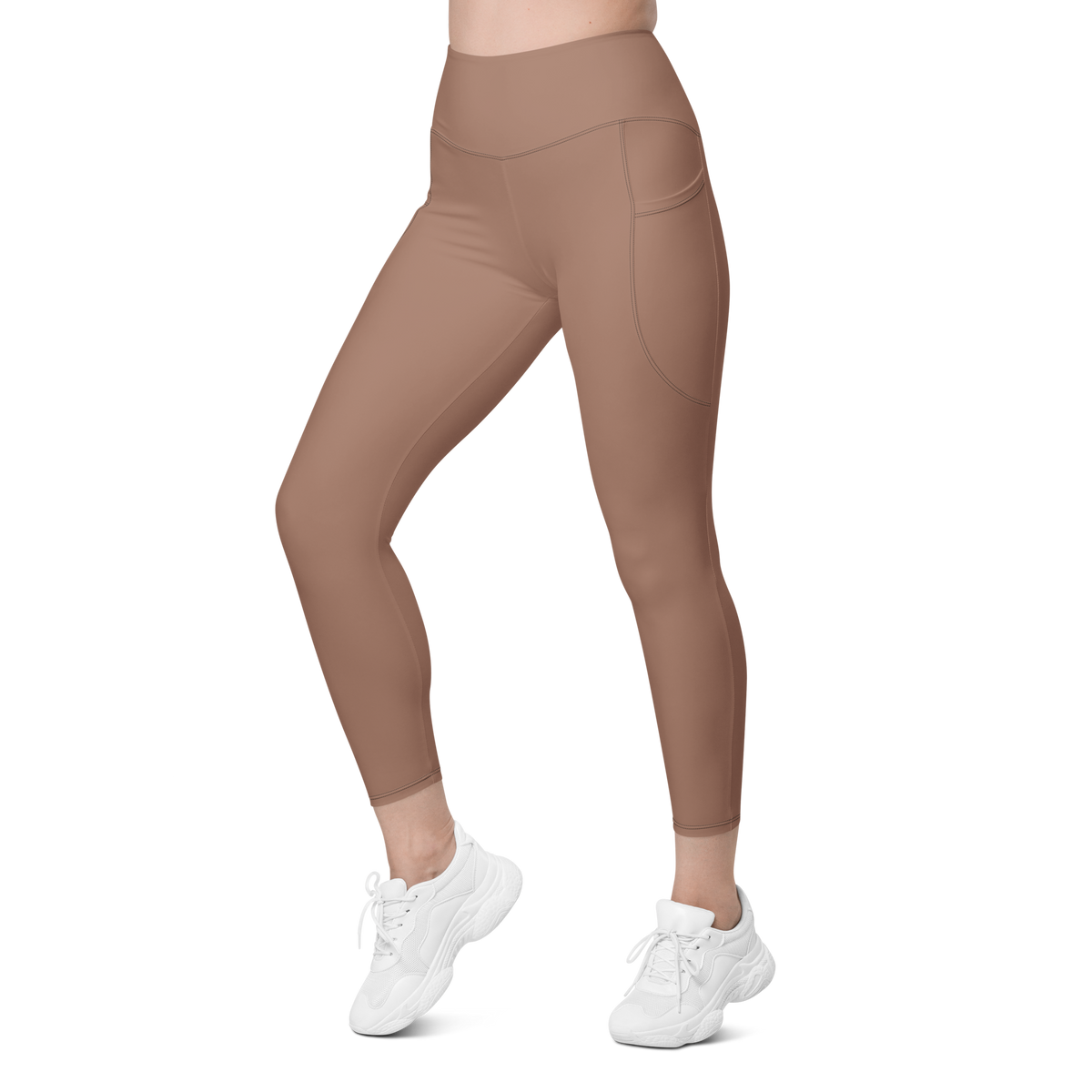 Plain Mocha Mousse high-waisted pocket leggings, left-front view.