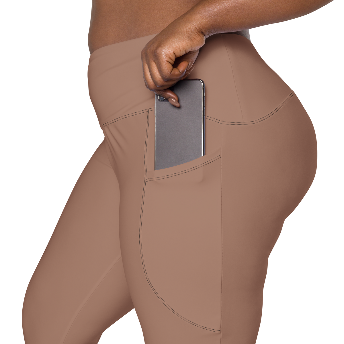Plain Mocha Mousse high-waisted pocket leggings, rear pocket detail.