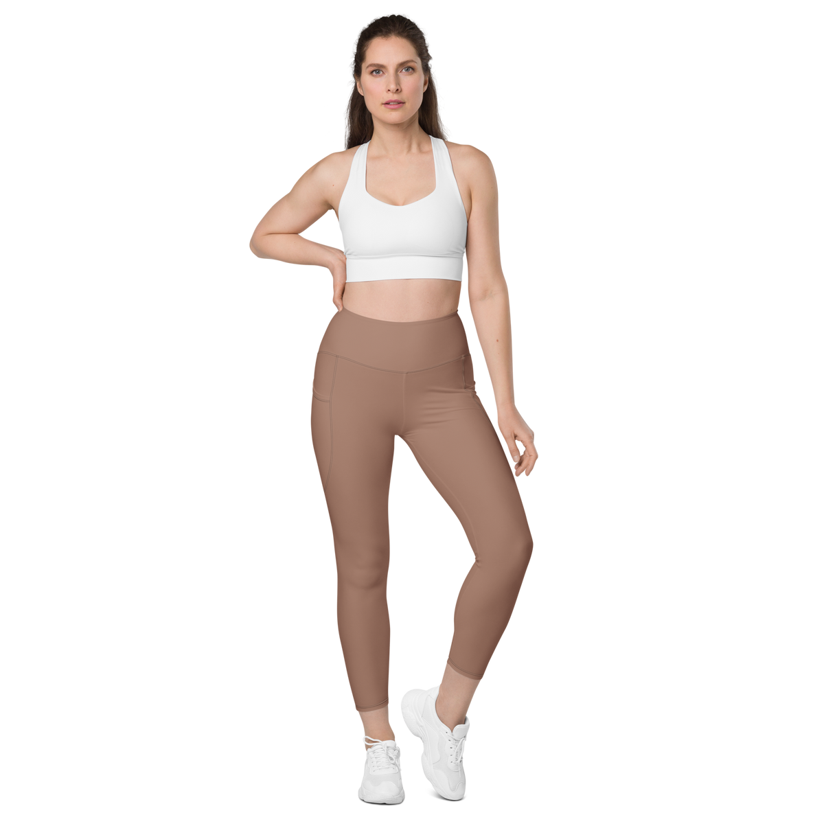 Plain Mocha Mousse high-waisted pocket leggings, straight-front view.