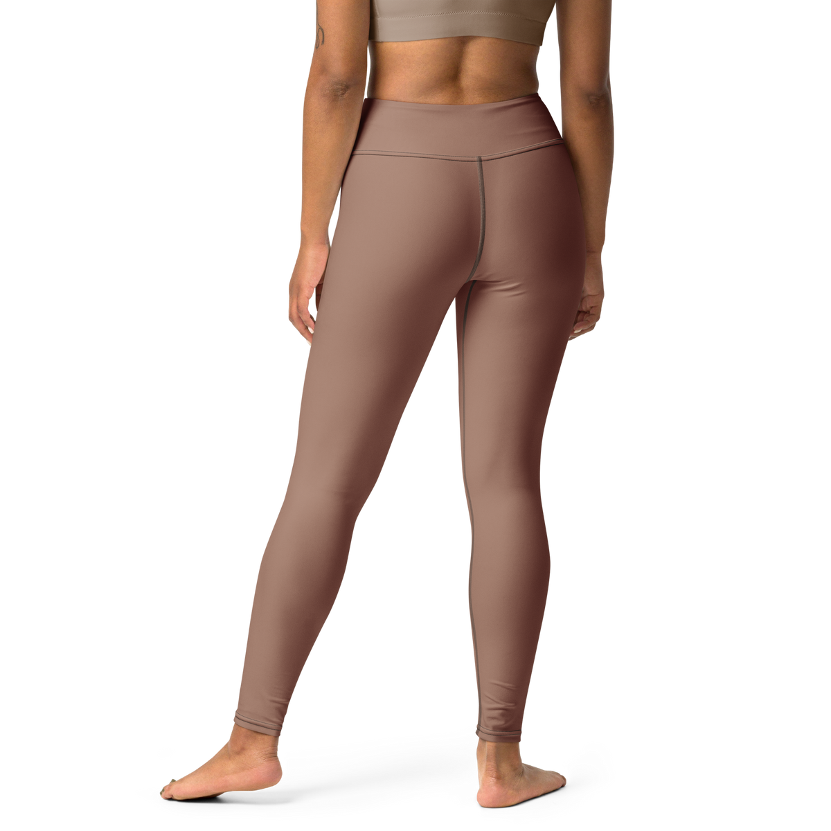 Plain Mocha Mousse high-waisted yoga leggings, back view.