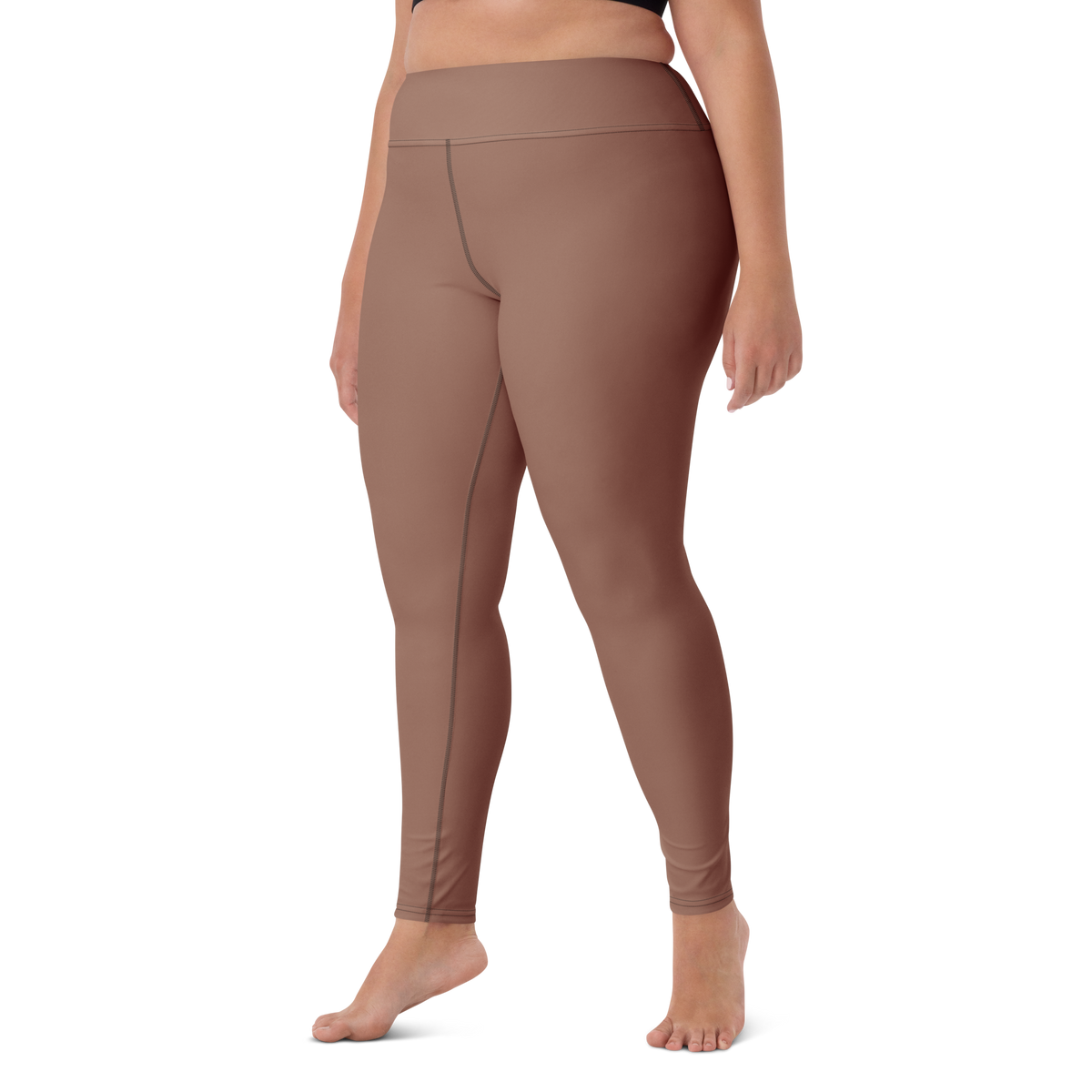 Plain Mocha Mousse high-waisted yoga leggings, larger-model left-front view.